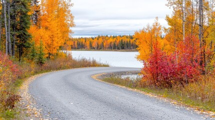 Winding road by autumn lake, colorful trees, calm background, travel postcard