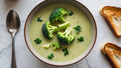 Creamy broccoli soup bowl with toast and empty space