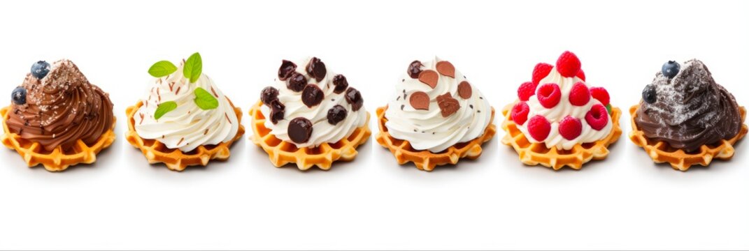 Delicious Belgian Liege Waffles with Sweet Toppings. Collection of 12 Isolated on White with Berries, Whipped Cream, and Chocolate Drizzle