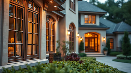 Fototapeta premium Luxury Home Exterior at Dusk: Elegant Brick and Stone Architecture, Illuminated Windows and Landscaping