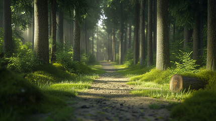 Trail in the mystic coniferous forest cinematic view.