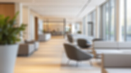 Fototapeta premium Beautiful blurred background of a light modern office interior with panoramic windows and beautiful lighting