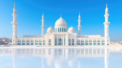 Obraz premium The majestic Sheikh Zayed Grand Mosque in Abu Dhabi stands under a clear blue sky with its white domes and minarets reflected in the polished courtyard.