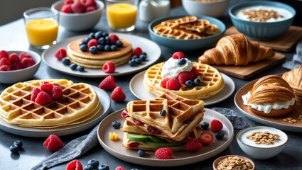 Delicious healthy breakfast spread on kitchen table