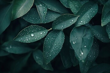 Fototapeta premium Dewdrops on Lush Green Leaves Nature Photography