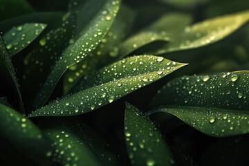 Obraz premium Dew Drops on Lush Green Leaves Nature Photography