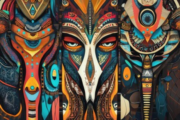 Diverse ethnic features abstracted into colorful, symmetrical designs with intricate details