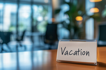 Fototapeta premium sign on a table that says vacation. The sign is on a table in a room with chairs and a potted plant