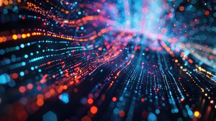 Fototapeta premium Abstract picture micro light sparkling particle represent data flow vivid flowing wave with high tech background, create digital effect scene perfect for energetic and fantasy wallpaper design. AIG53.