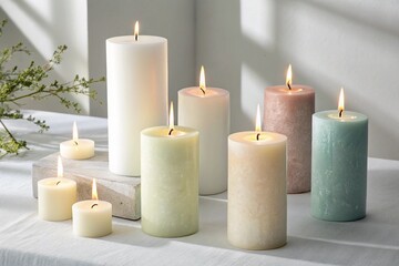 Realistic burning candles colorful set of candle with isolated white background.
