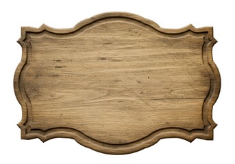 A rustic wooden signboard with a decorative curved frame and horizontal wood grain texture isolated on white background