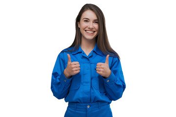 Portrait of a Smiling Woman in Blue Coveralls Giving Two Thumbs Up isolated on transparent background 