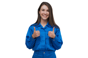 Portrait of a Smiling Woman in Blue Coveralls Giving Two Thumbs Up isolated on transparent background 