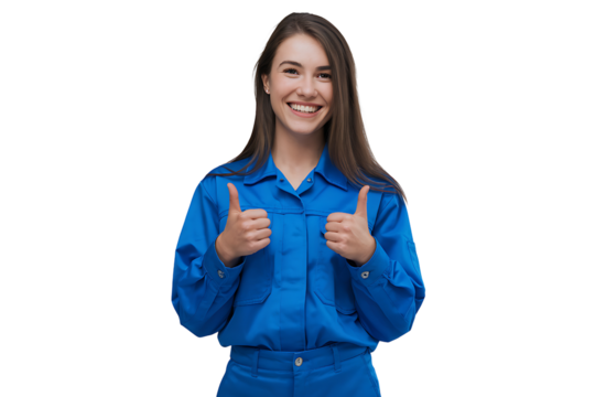 Portrait of a Smiling Woman in Blue Coveralls Giving Two Thumbs Up isolated on transparent background 