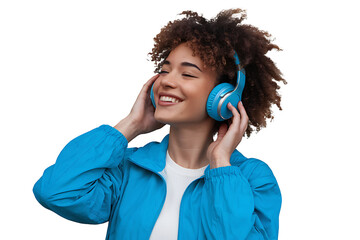 Joyful young woman listening to music with blue headphones, wearing a vibrant blue jacket isolated on transparent background 