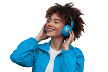Joyful young woman listening to music with blue headphones, wearing a vibrant blue jacket isolated on transparent background 