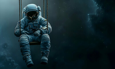 Solitary astronaut on a swing against the vast backdrop of space, conveying themes of contemplation, isolation, and the immensity of the universe.
