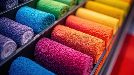 Colorful rolled towels displayed in store