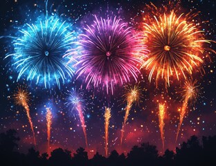 Celebratory fireworks display over city skyline nighttime colorful festive atmosphere aerial view celebration concept