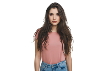 Portrait of a Young Woman with Long Brown Hair, Wearing a Pink T-Shirt isolated on transparent background
