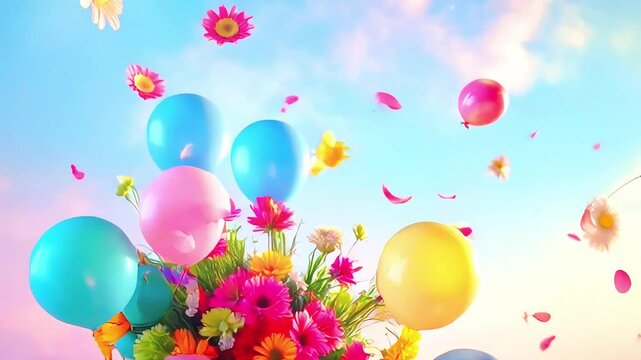 Cinematic Moment of Shopping Bag with Balloons and Flowers in Dreamy Sunlight