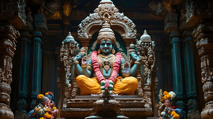 Fototapeta premium Exquisite Stone Sculpture of Hindu Deity in Ornate Temple Setting : Generative AI