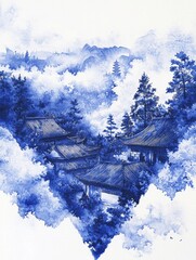 A traditional Chinese ink wash painting style image, dominated by a bold, textured "W" shape in deep cobalt blue