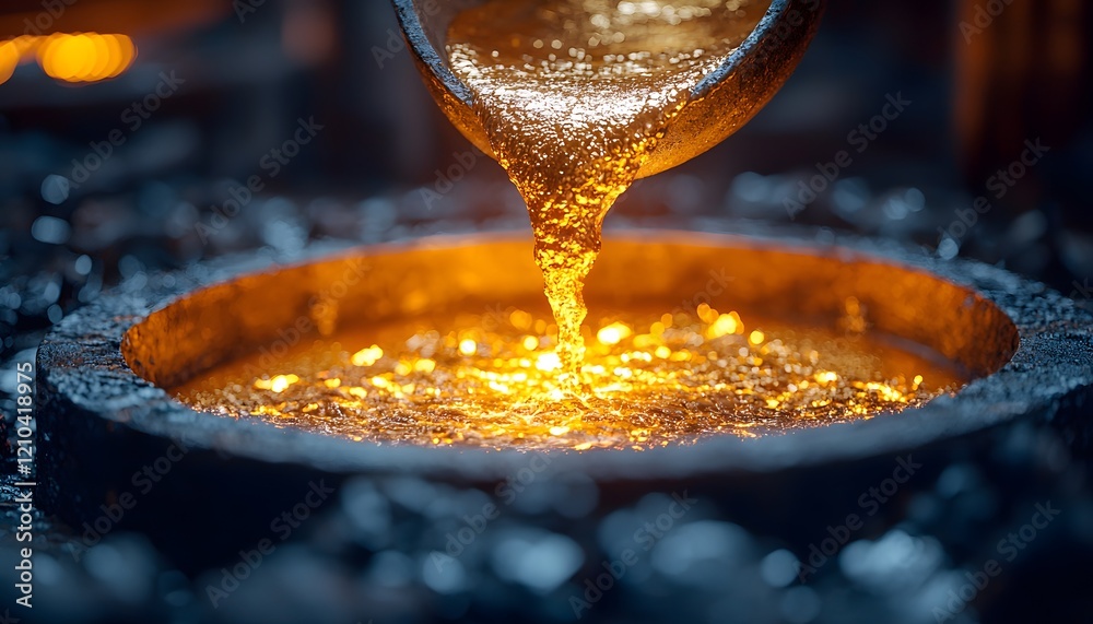 Poster molten metal pouring into a mold in a foundry creating a shiny gold-like surface, showcasing the int
