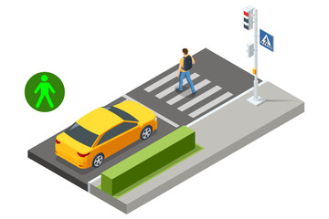 An isometric vector of a pedestrian confidently walking across a crosswalk while a blue car patiently stops. The signal is green for pedestrians. Traffic regulation on pedestrian crossing.