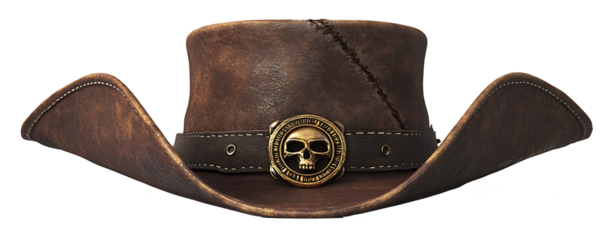 Pirate hat with a brown leather band and metal isolated on white background.PNG
