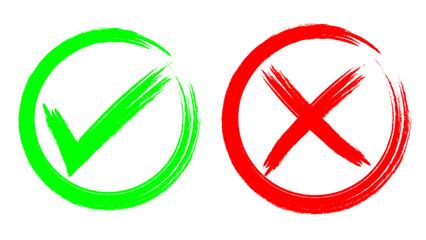 Check Mark, Tick Mark, and Cross Brush Sign: Red Checkmark and Red X Icons, Buttons for Vote, Decision, Election Choice, Web Vector Illustration