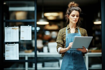 Young happy businesswoman collaborates with colleagues in modern office while using laptop and visualizing stock exchange data