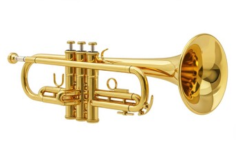 A shiny golden trumpet with intricate valves and a classic bell shape, symbolizing music and art isolated on white background