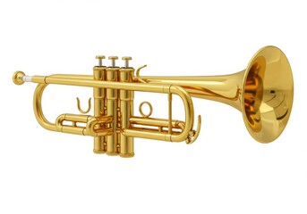 Obraz premium A shiny golden trumpet with intricate valves and a classic bell shape, symbolizing music and art isolated on white background