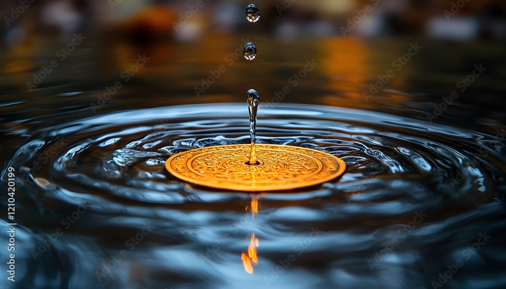Aufkleber An Intriguing Close-up of a Single Water Drop Creating Ripples on a Golden Surface in a Peaceful Natural Setting Reflecting Serenity and Tranquility