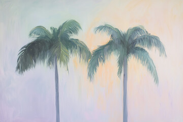 acrylic painting of two palm trees against a pastel sky