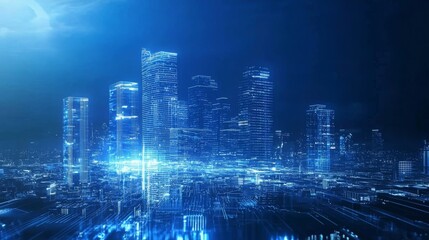 Obraz premium landscape shot of a futuristic holographic AI city with large tall skyscrapers