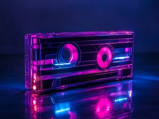 Futuristic neon cassette tape with glowing multicolored lights in a cyberpunk retro synthwave style, perfect for nostalgic music and technology themes
