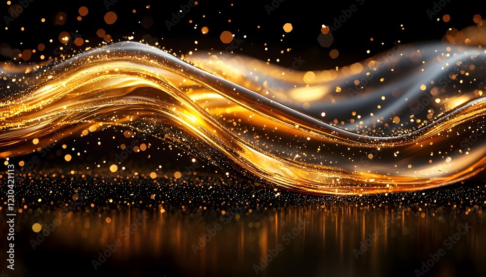 Poster flowing golden waves with glimmering particles creating an abstract background for digital art, luxu