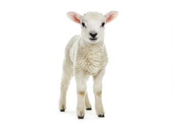 Fototapeta premium A fluffy white lamb standing with a slight tilt to its head isolated on a white background