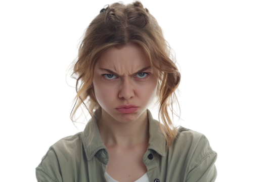 Dramatic Scene of a Young Woman Feeling Angry Isolated on Transparent Background
