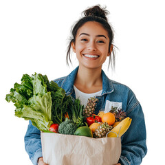 a woman in a denim jacket holding vegetable bags