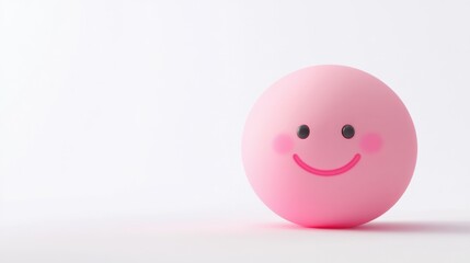 A charming pink ball with a smiling face and black eyes sits against a soft white background, embodying joy and playfulness. Perfect for cheerful designs.