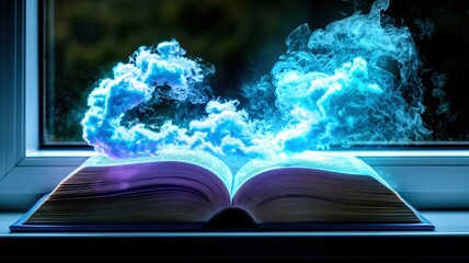 An open book emits colorful, swirling smoke or mist, suggesting a world of imagination and creativity, viewed from a window.
