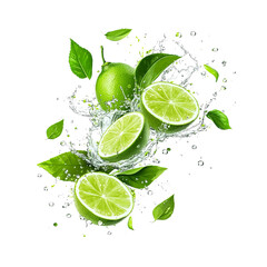 Fresh delicious limes splashing with leaves on transparent background, cut out, PNG