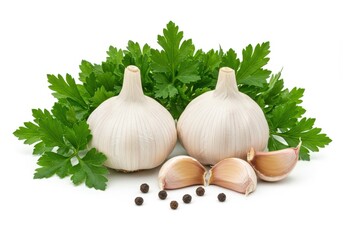 Whole garlic bulbs, garlic cloves, and fresh green parsley leaves arranged neatly isolated on a white background