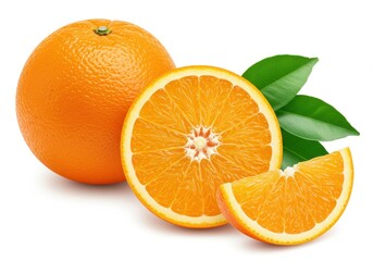 A whole orange a halved orange and an orange wedge with green leaves isolated on a white background