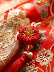 Fototapeta premium Exquisite Red and Gold Floral Embroidery on Luxurious Chinese Fabric : Generative AI