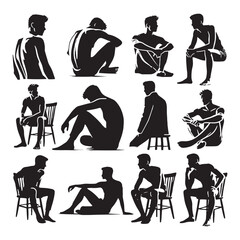 Top-rated set of sitting man silhouette digital art for creative and graphic designers - man sitting vector set - man sitting illustrations set
