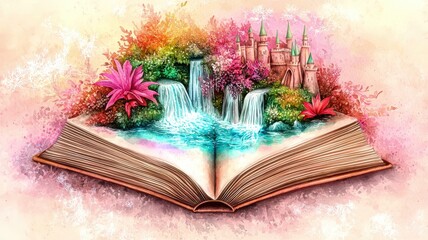 A vibrant, magical scene of an open book revealing a colorful landscape with waterfalls, flowers, and a castle, symbolizing adventure and imagination.